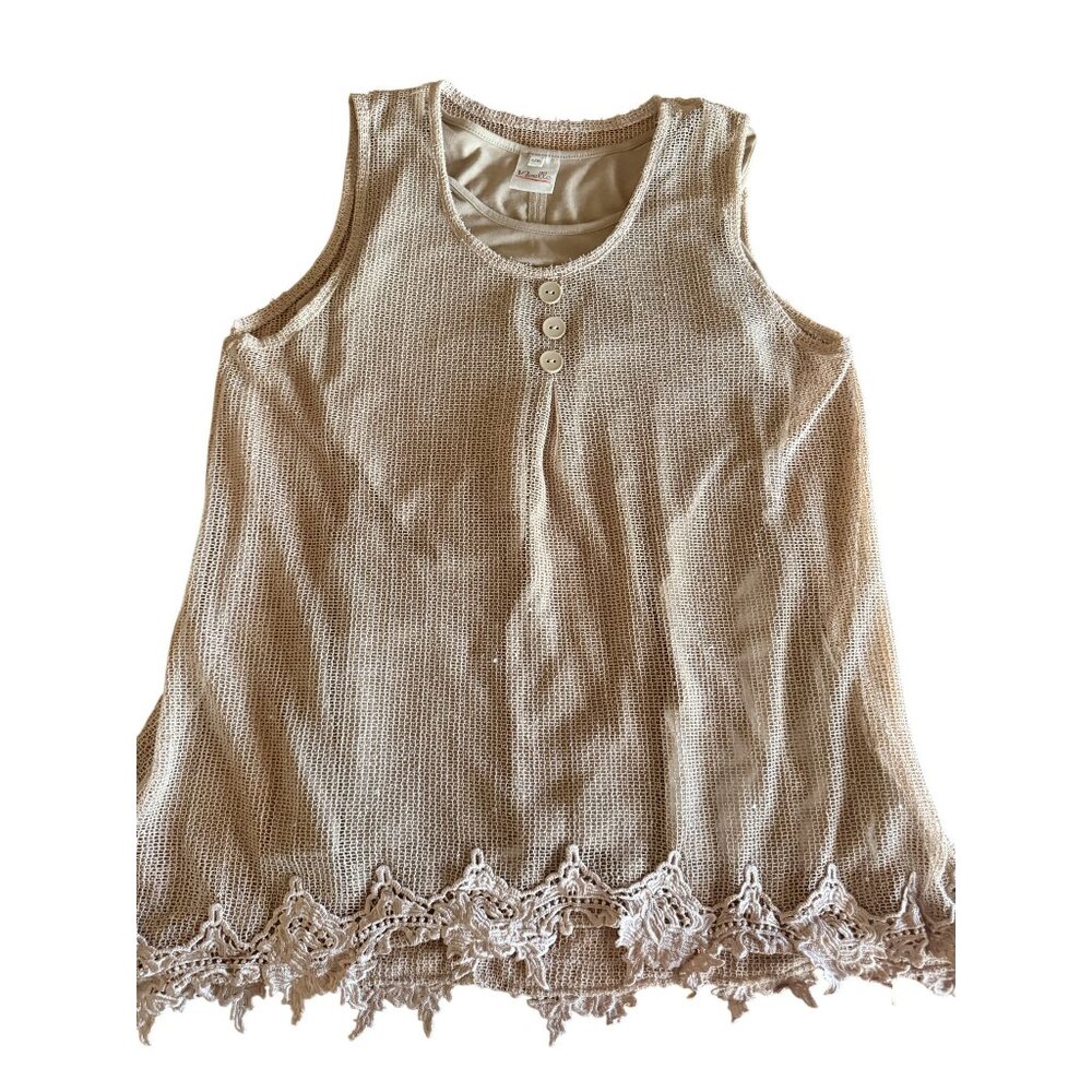 Noelle L/XL Beige Sleeveless Crochet Tunic Top W/Lace Hem Womens Boho Style